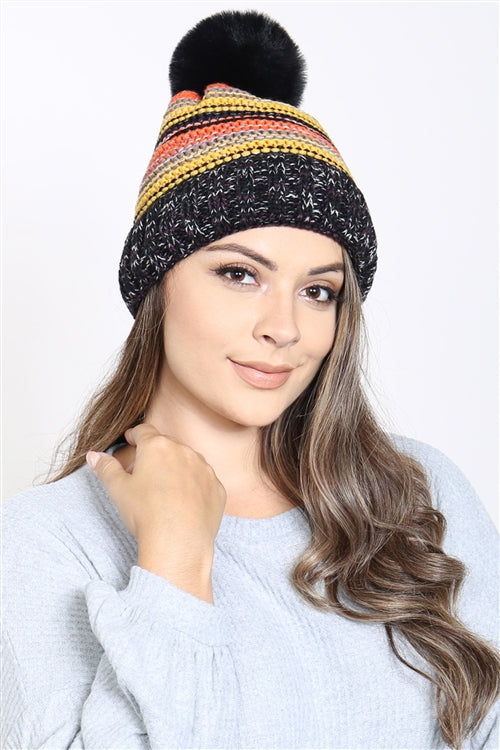 MULTICOLOR STRIPE FLEECE POMPOM BEANIE