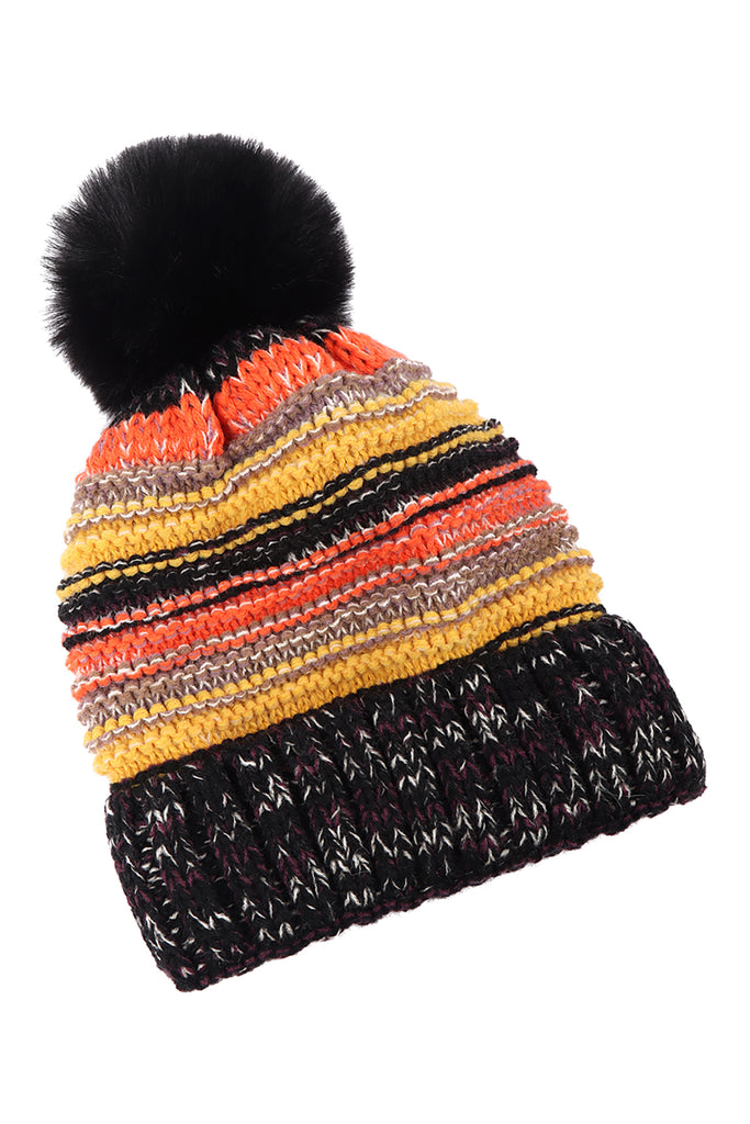 MULTICOLOR STRIPE FLEECE POMPOM BEANIE