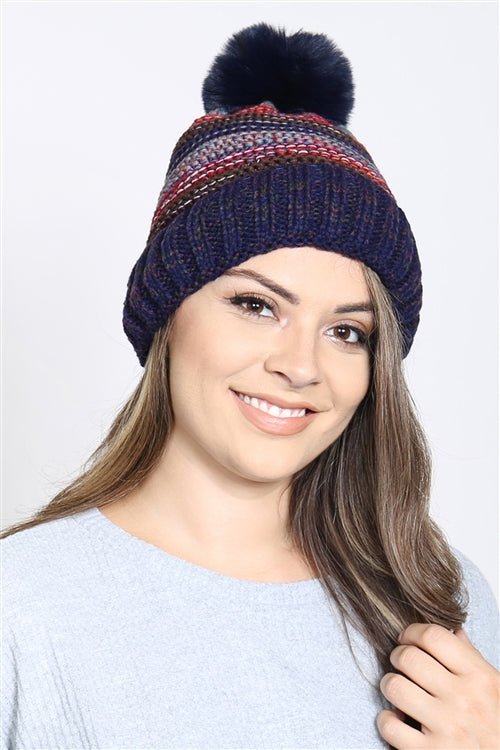 MULTICOLOR STRIPE FLEECE POMPOM BEANIE