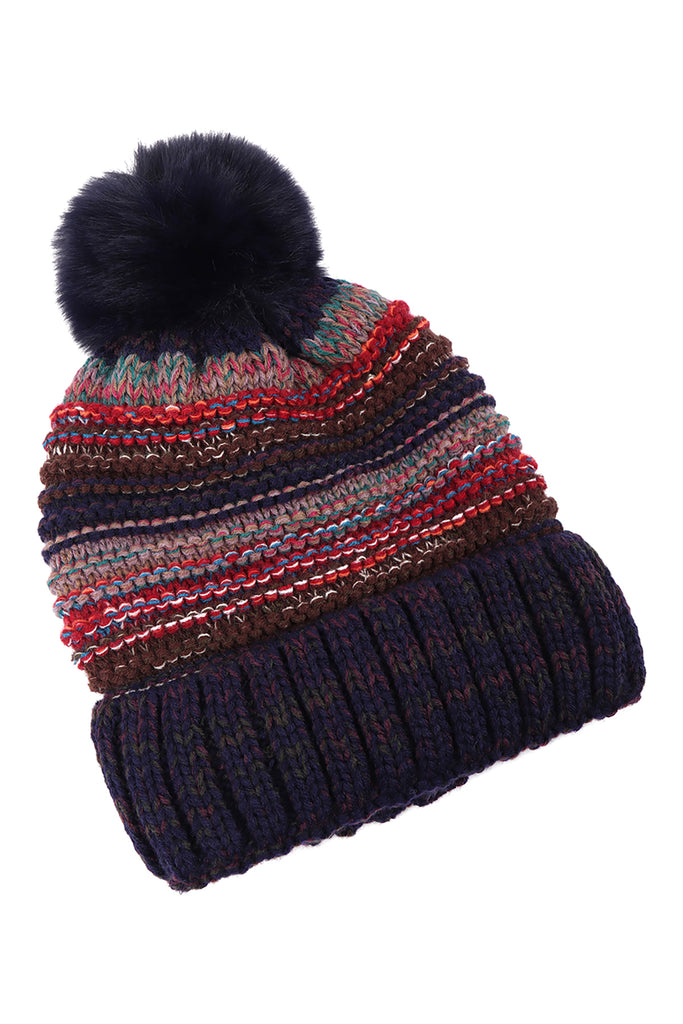 MULTICOLOR STRIPE FLEECE POMPOM BEANIE