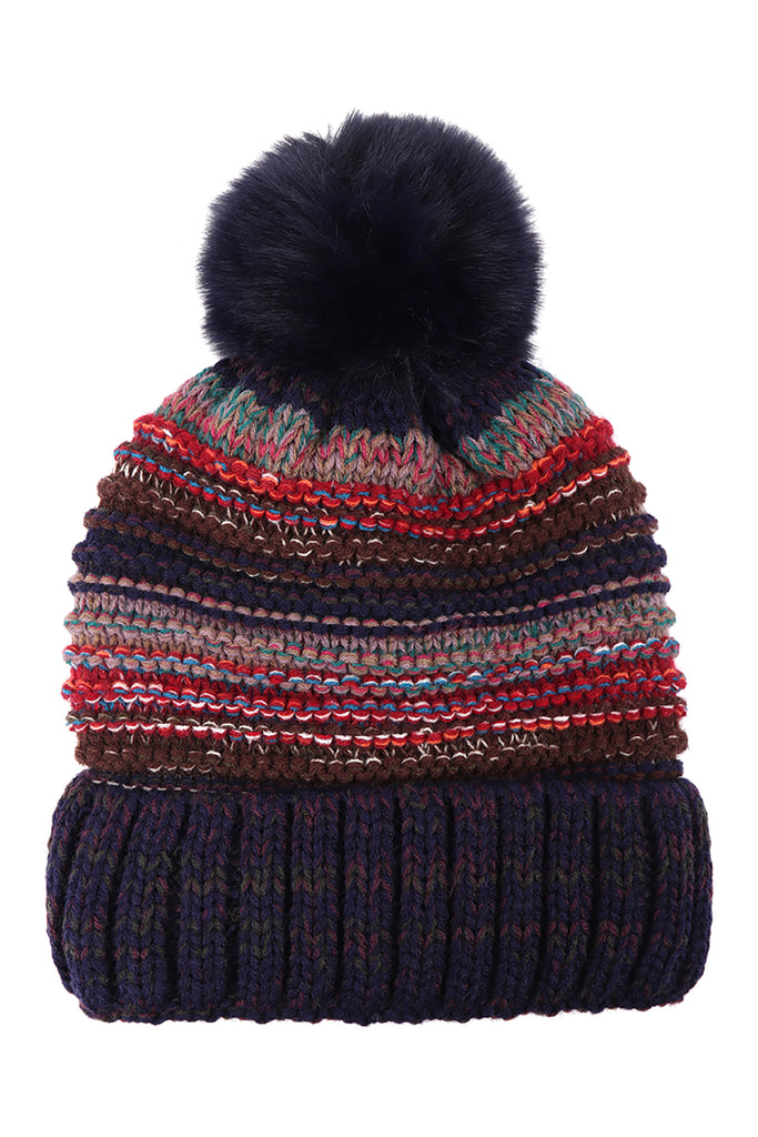 MULTICOLOR STRIPE FLEECE POMPOM BEANIE