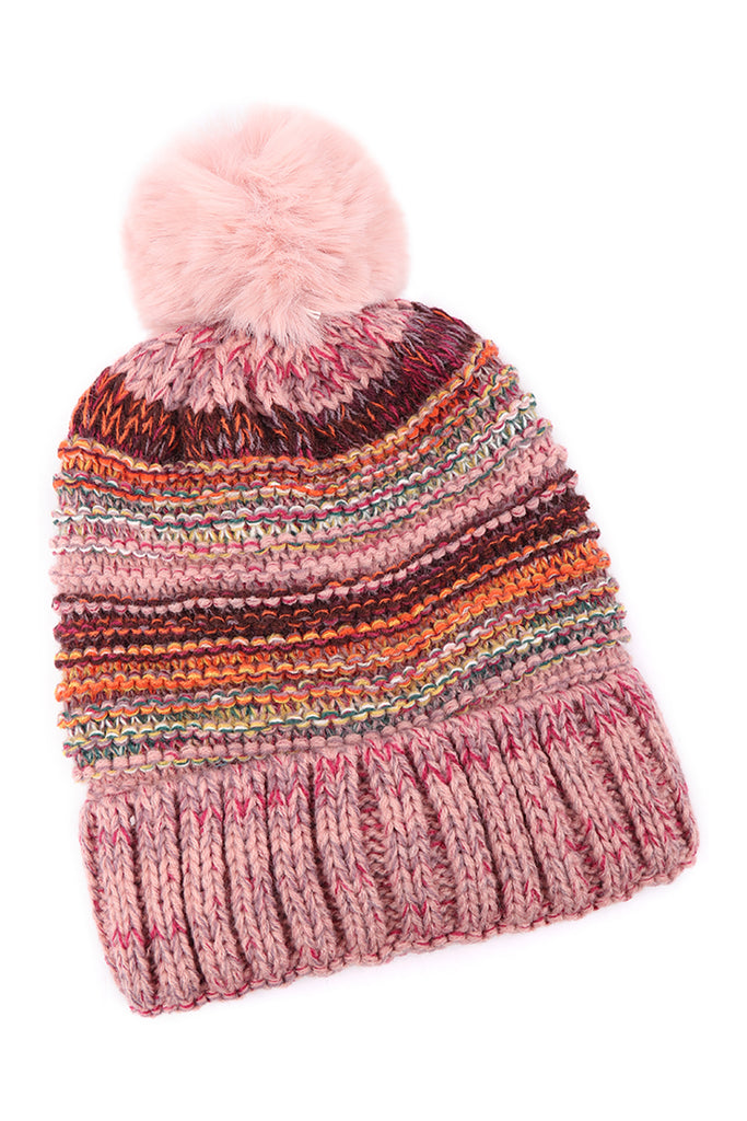 MULTICOLOR STRIPE FLEECE POMPOM BEANIE