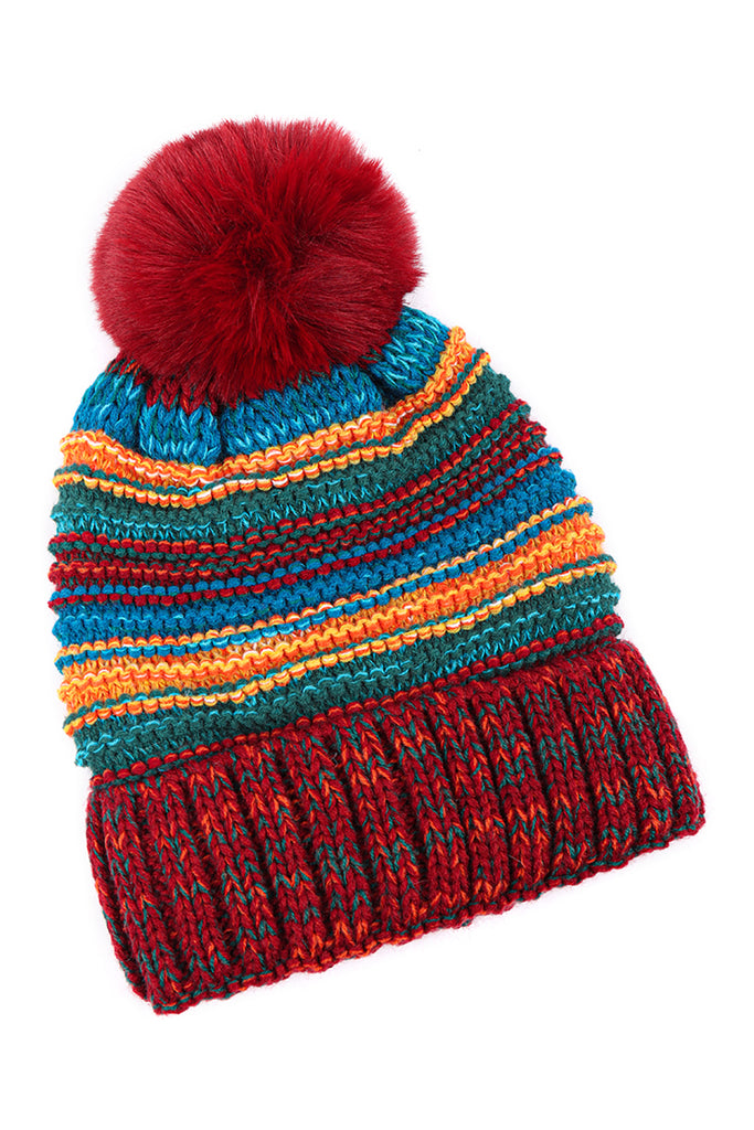 MULTICOLOR STRIPE FLEECE POMPOM BEANIE