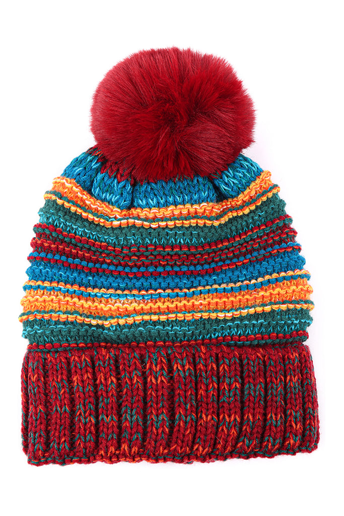 MULTICOLOR STRIPE FLEECE POMPOM BEANIE