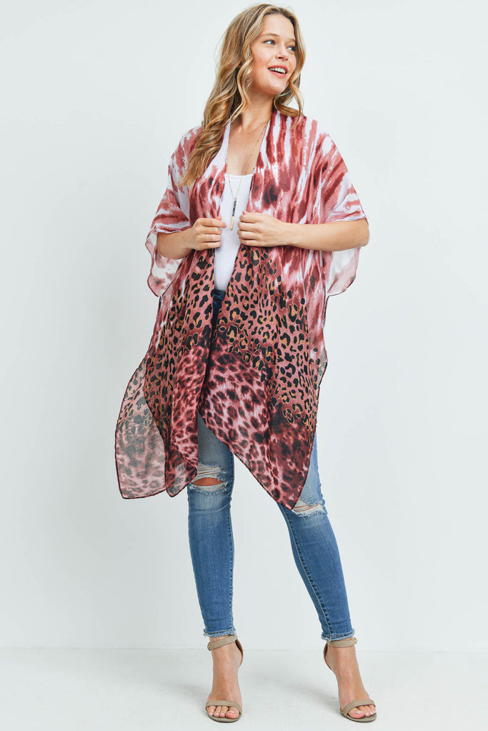 MS0176RB - RED BEAN LEOPARD TIE DYE KIMONO