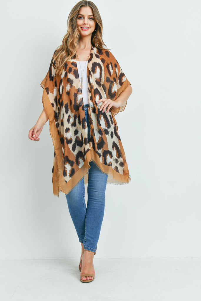 MS0181BR - BROWN LEOPARD SOLID TRIM KIMONO