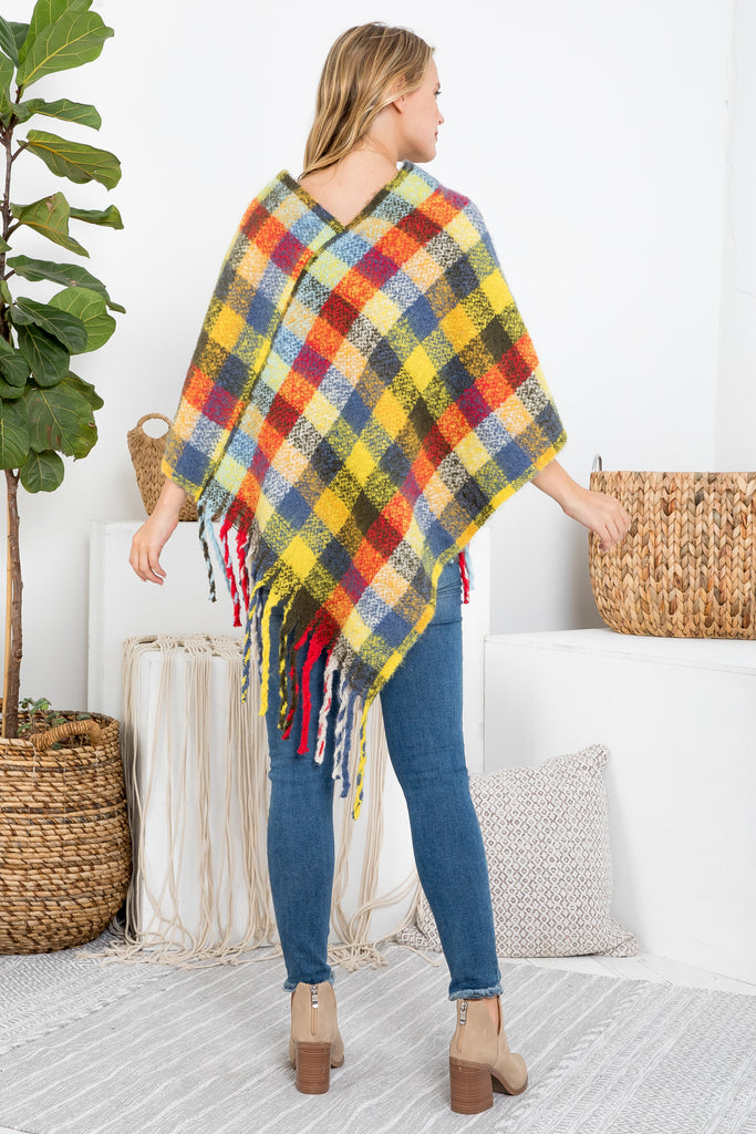 MS0187 - MULTICOLOR PLAID FRINGE PONCHO