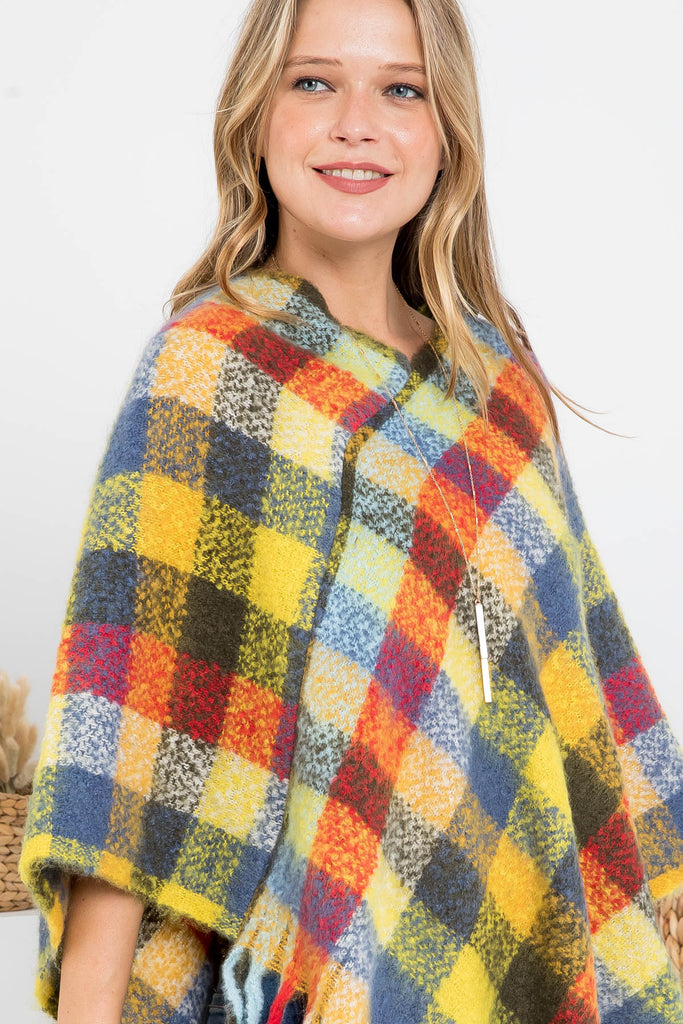 MS0187 - MULTICOLOR PLAID FRINGE PONCHO