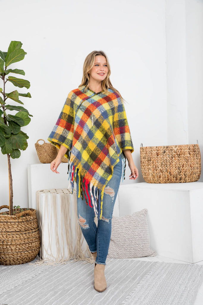 MS0187 - MULTICOLOR PLAID FRINGE PONCHO