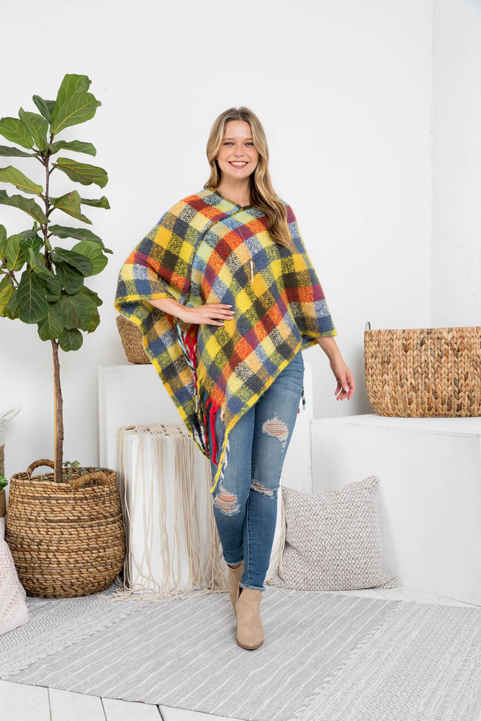 MS0187 - MULTICOLOR PLAID FRINGE PONCHO