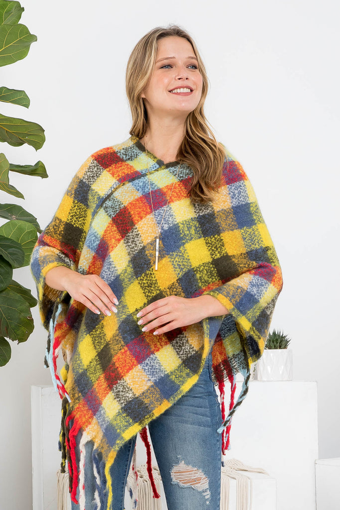 MS0187 - MULTICOLOR PLAID FRINGE PONCHO