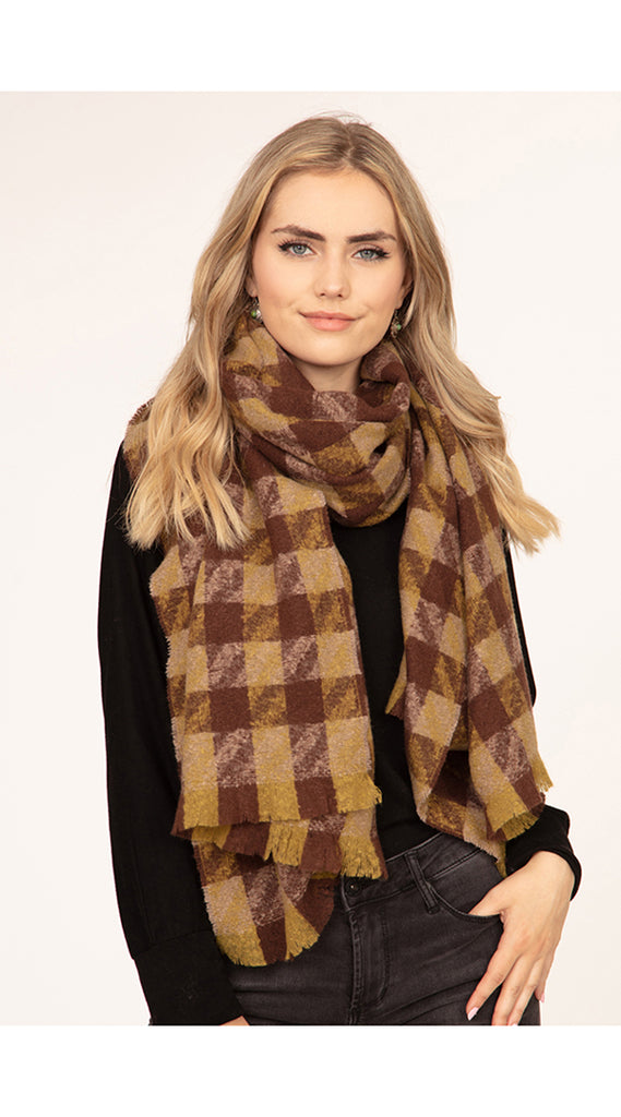 MIXED HOUNDSTOOTH OBLONG SCARF OLIVE BROWN