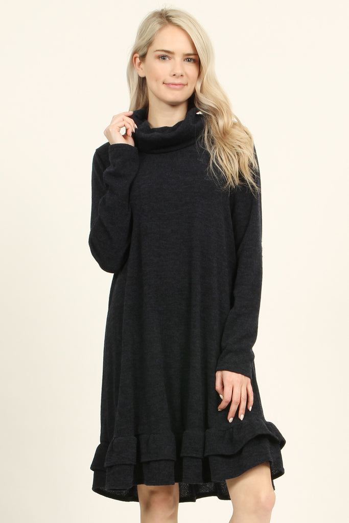 Turtle Neck Long Sleeve Double Layer Ruffle Border Dress