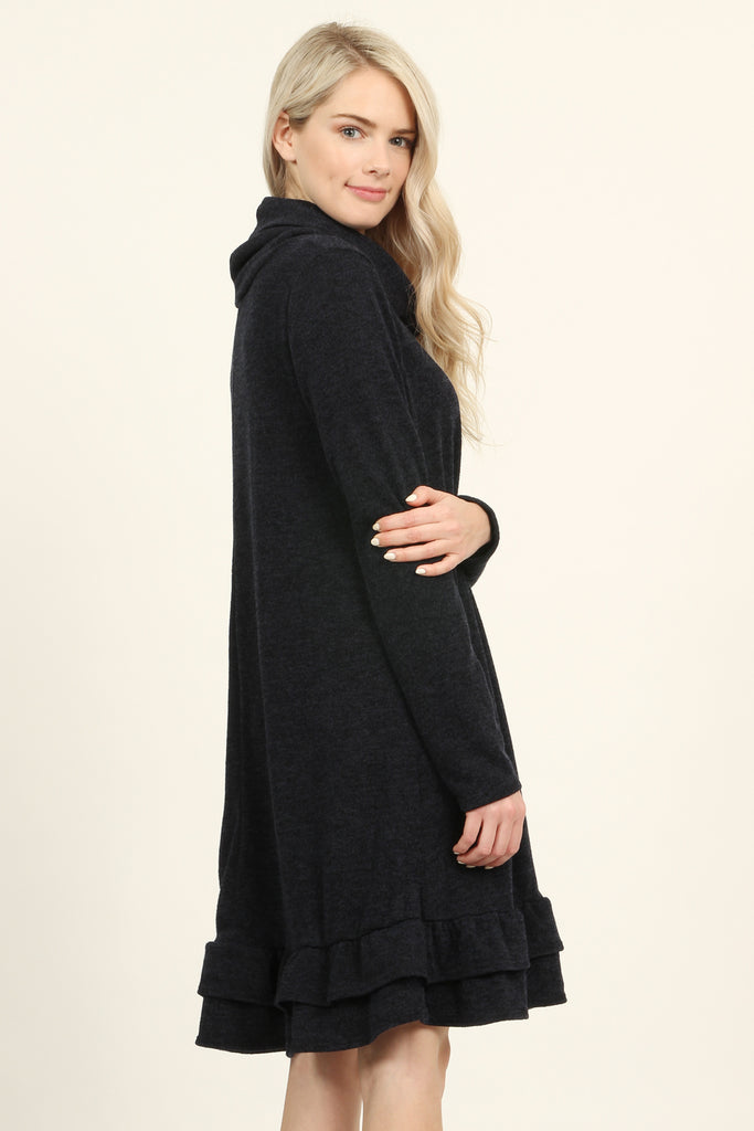 Turtle Neck Long Sleeve Double Layer Ruffle Border Dress
