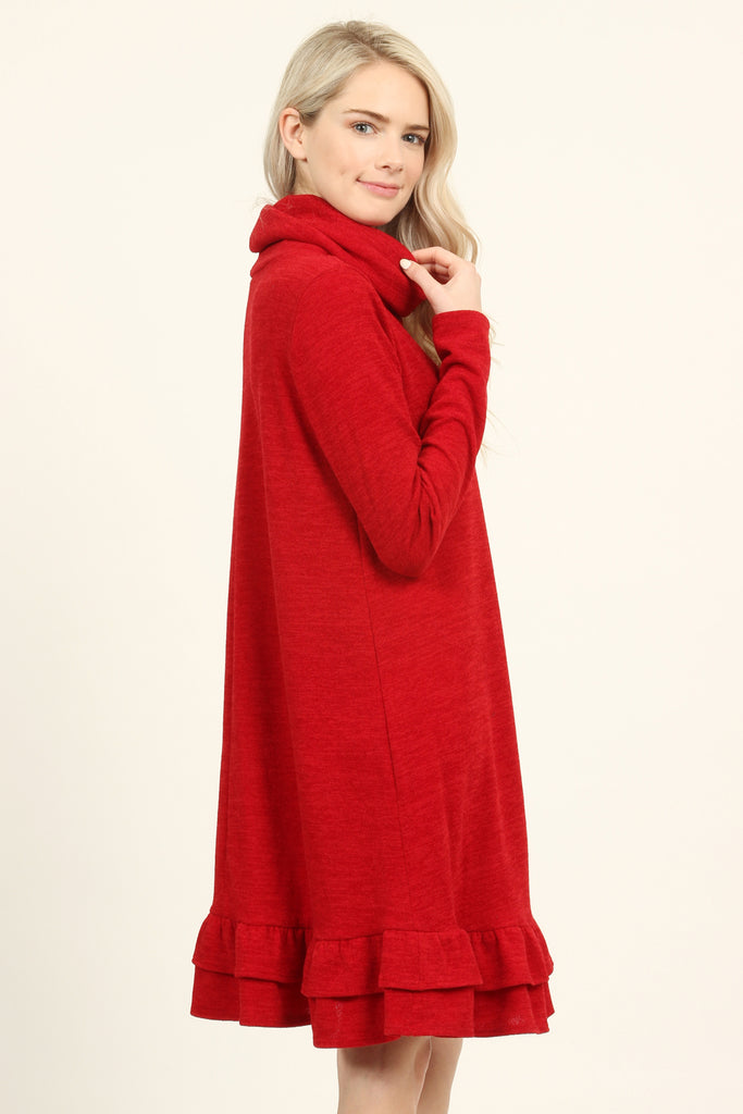 Turtle Neck Long Sleeve Double Layer Ruffle Border Dress