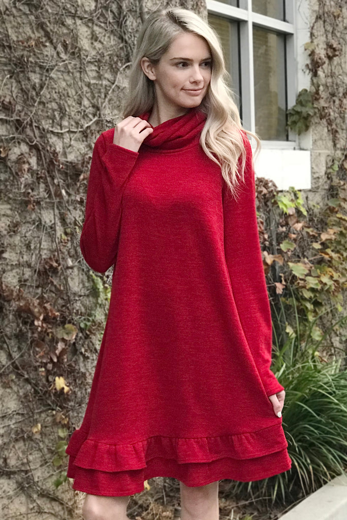 Turtle Neck Long Sleeve Double Layer Ruffle Border Dress