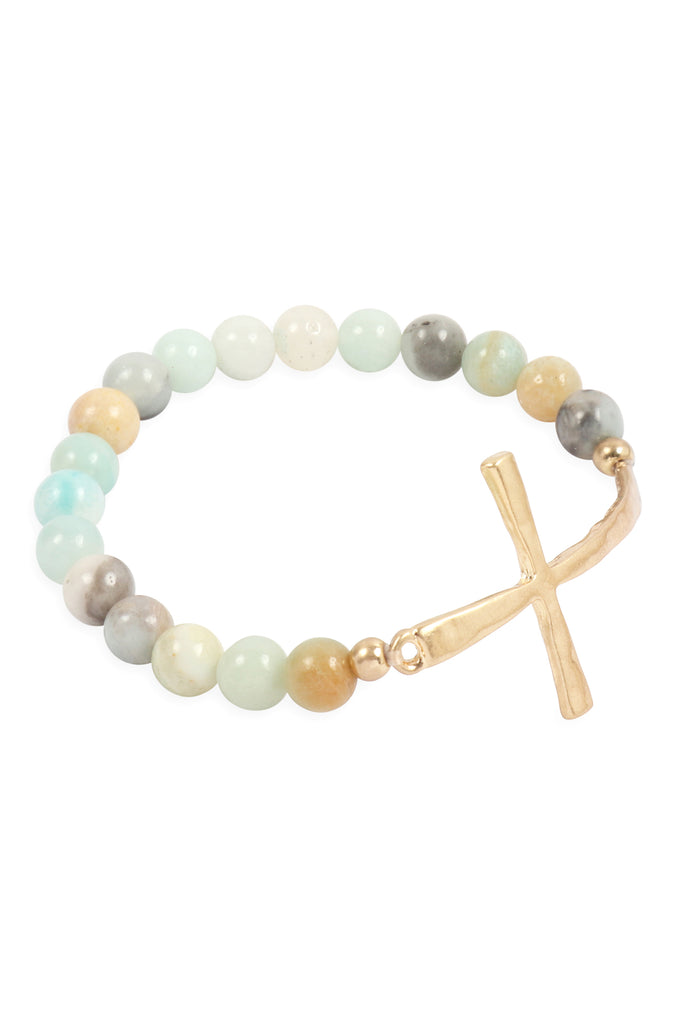 CROSS CHARM NATURAL STONE BEADS BRACELET