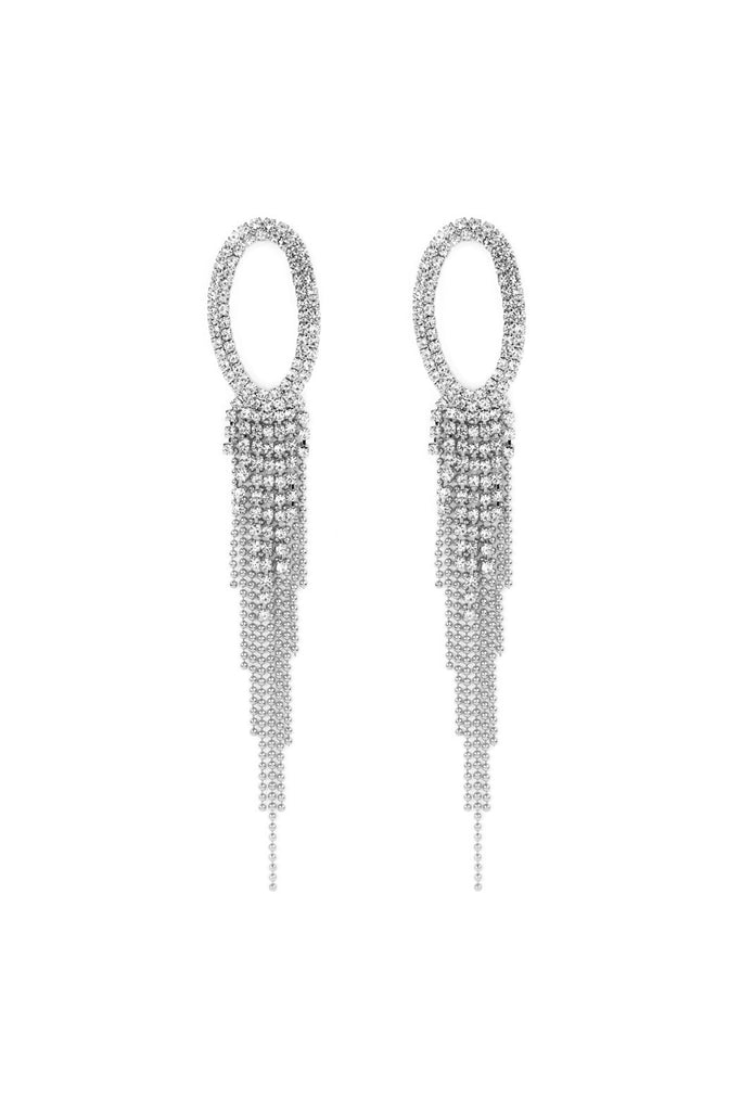 OVAL RHINESTONE TASSEL DROP EARRINGS