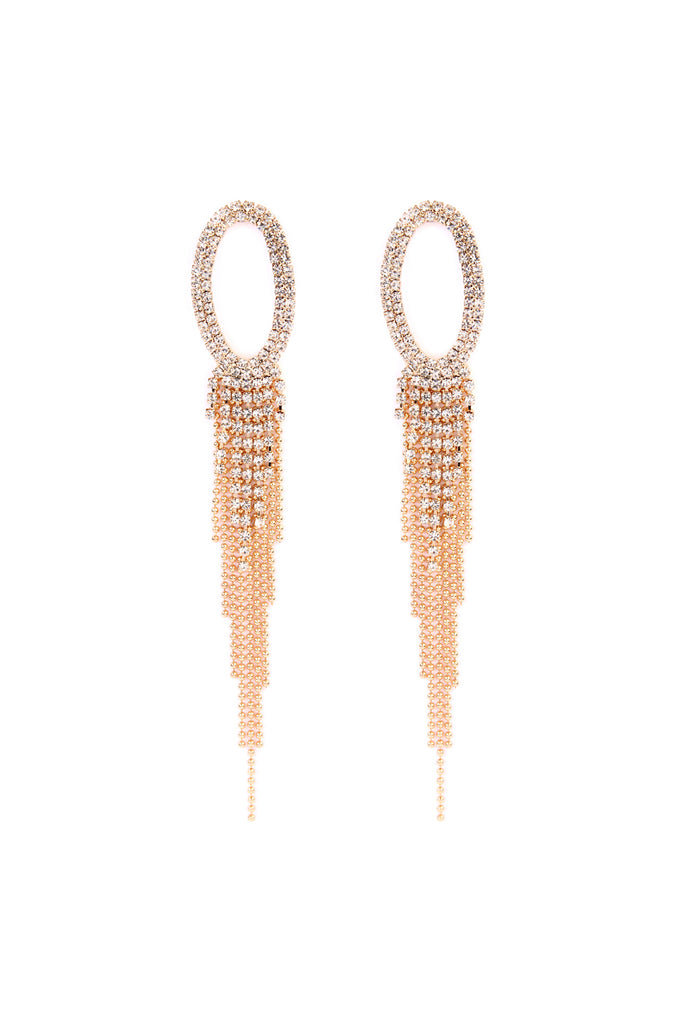 OVAL RHINESTONE TASSEL DROP EARRINGS