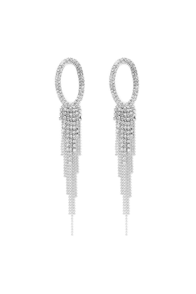 OVAL RHINESTONE TASSEL DROP EARRINGS