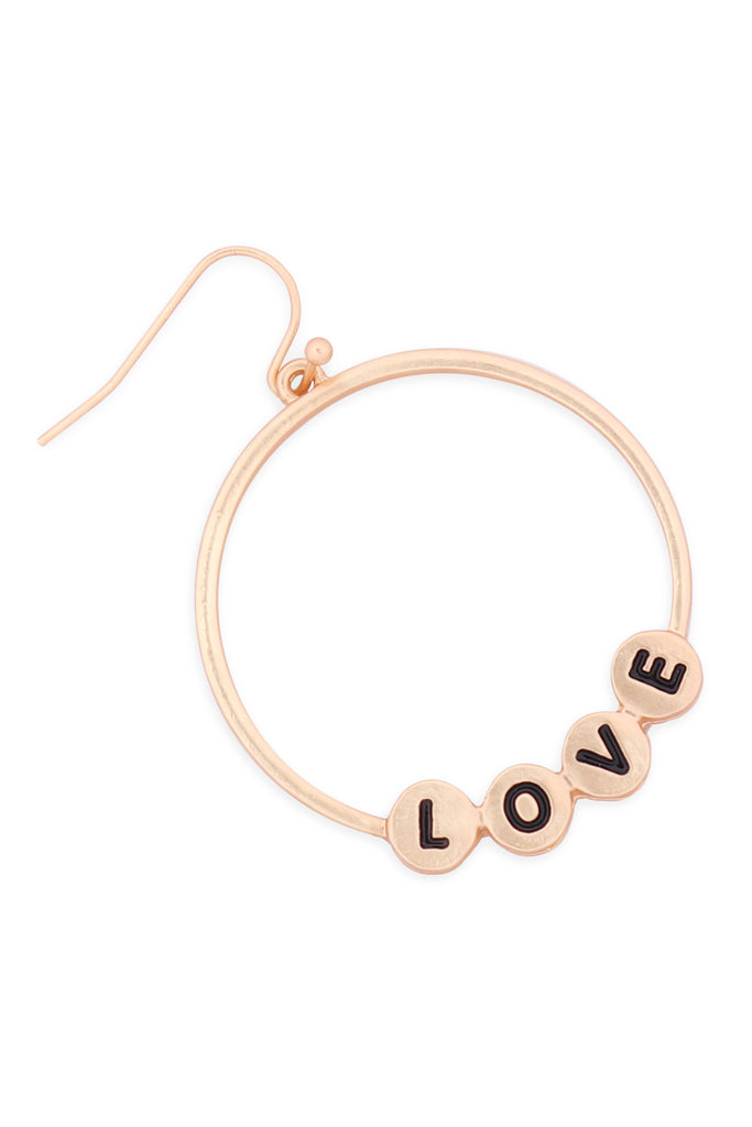 MYE1399MGLO - "LOVE" CHARM HOOP DROP EARRINGS