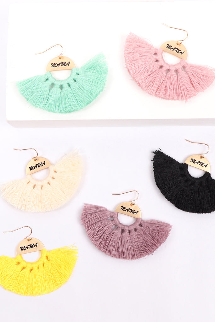 "MAMA" ETCHED FAN TASSEL EARRINGS