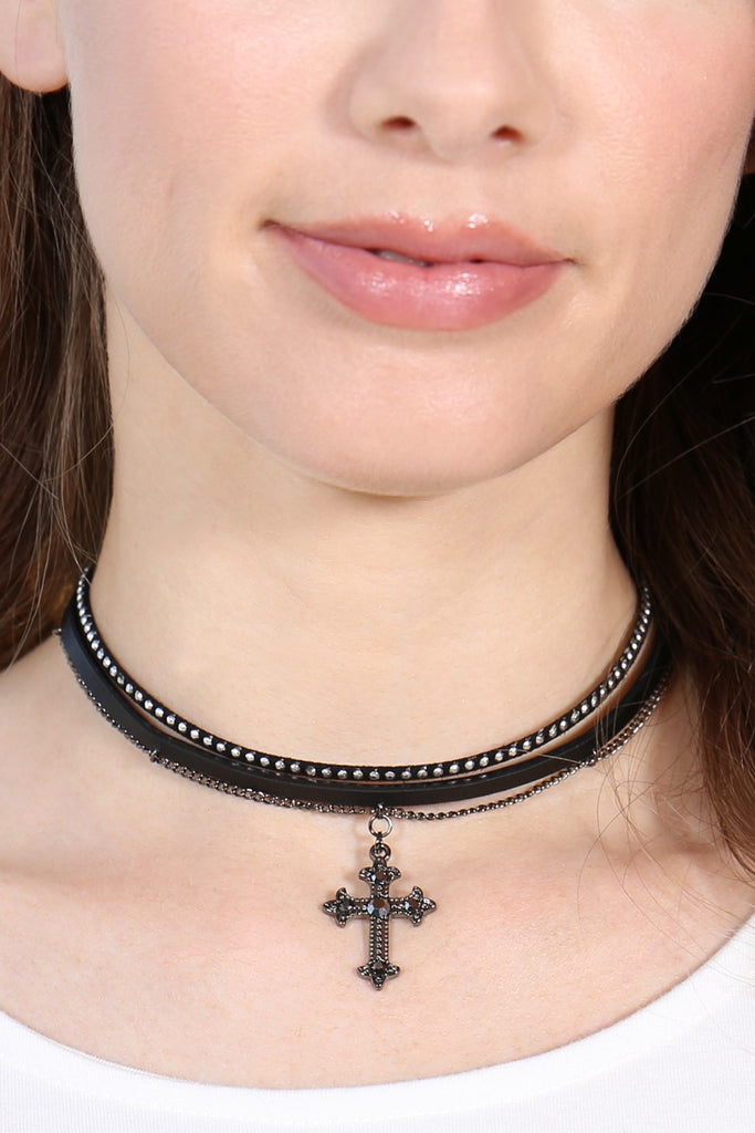 BLACK CROSS LEATHER CHAIN CHOCKER NECKLACE