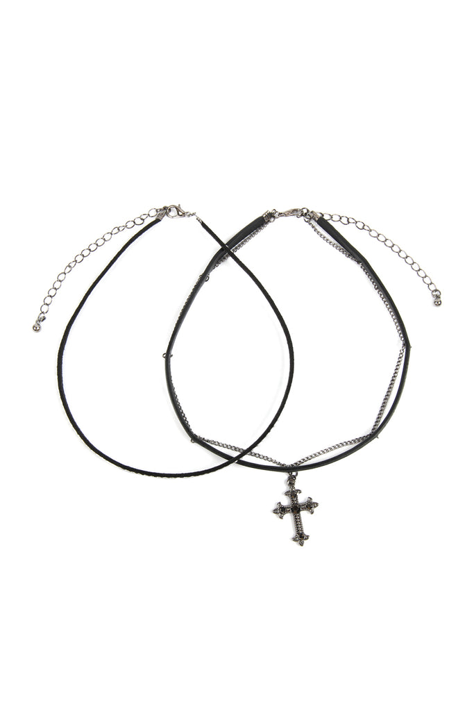 BLACK CROSS LEATHER CHAIN CHOCKER NECKLACE