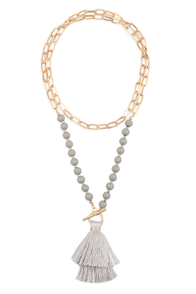 COTTON TASSEL CHAIN BEADED NECKLACE
