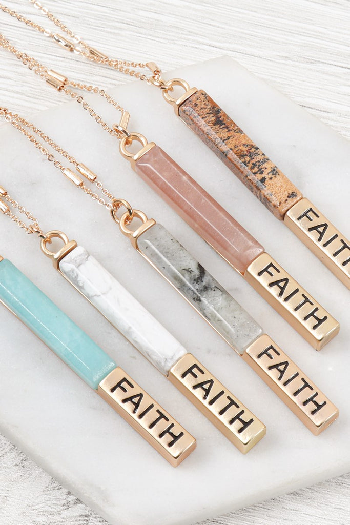 MYN1304 - NATURAL STONE "FAITH" PENDANT BAR NECKLACE