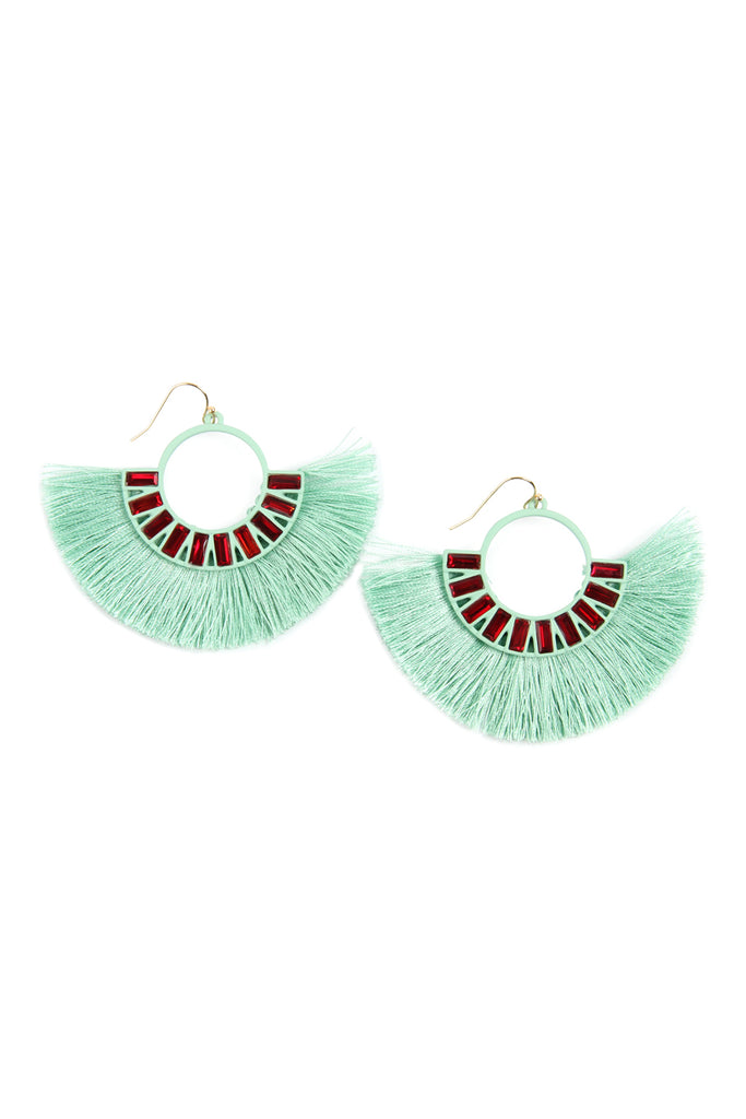 NE1775 - HALF CIRCLE TASSEL WITH COLORED RHINESTONE EARRINGS