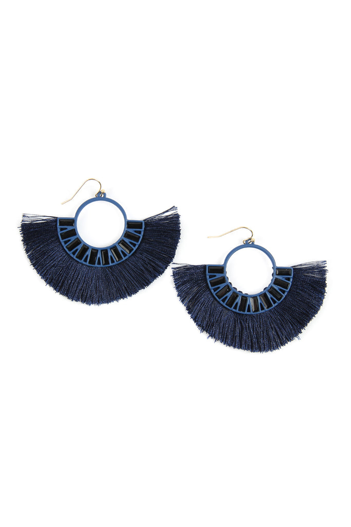 NE1775 - HALF CIRCLE TASSEL WITH COLORED RHINESTONE EARRINGS