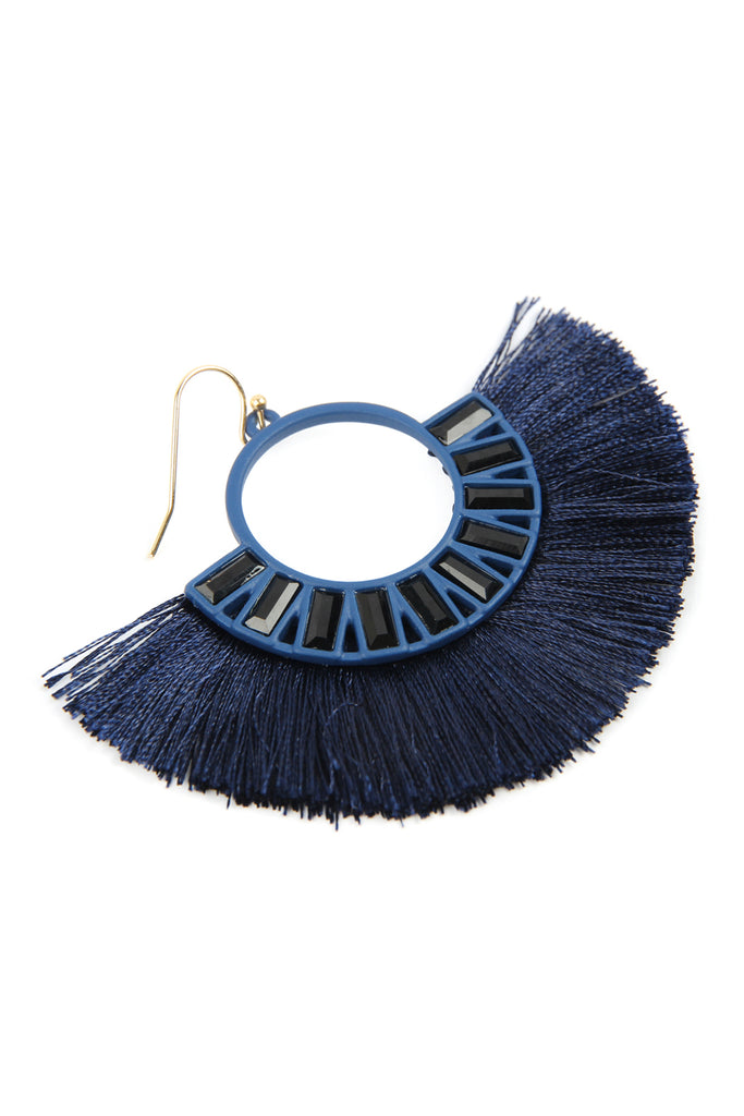 NE1775 - HALF CIRCLE TASSEL WITH COLORED RHINESTONE EARRINGS