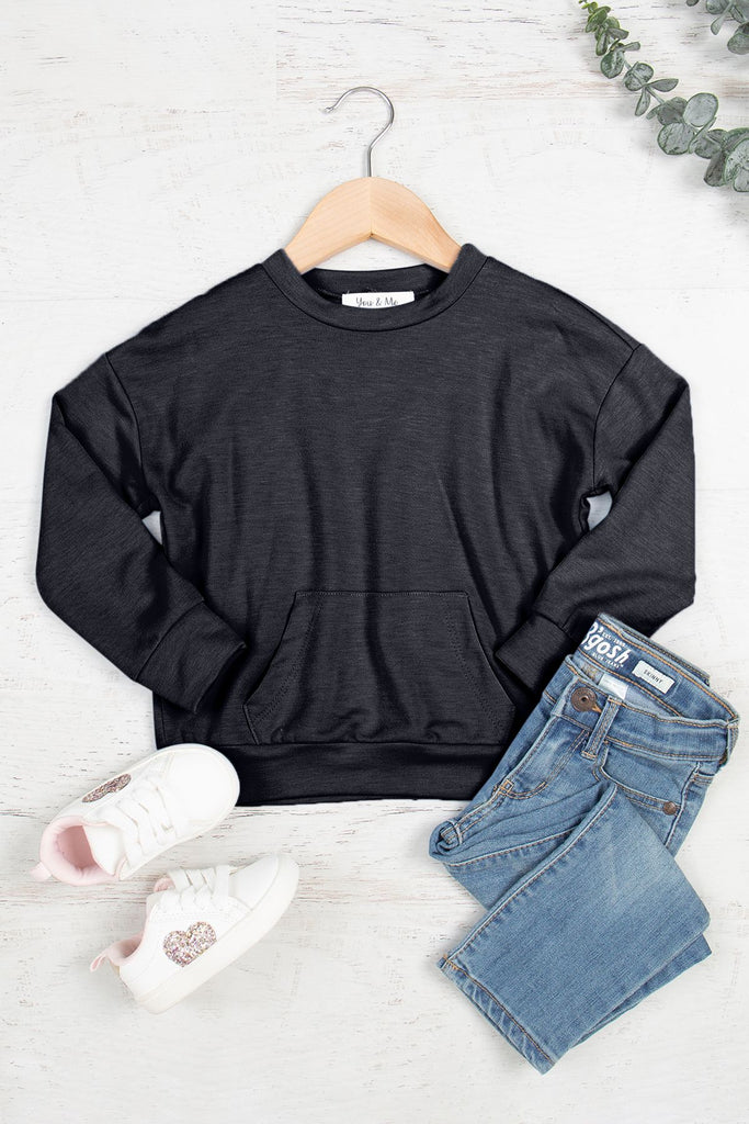 Kids Solid French Terry Long Sleeve Top With Kangaroo Pocket