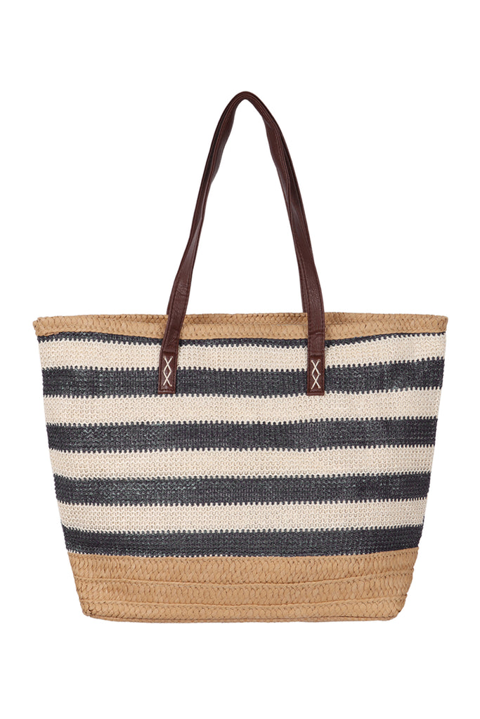 STRIPED NATURAL STRAW TOTE BAG