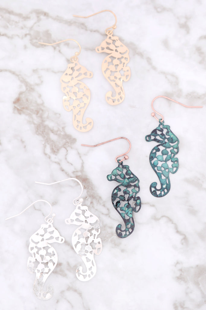 METAL FILIGREE SEA HORSE FISH HOOK EARRINGS
