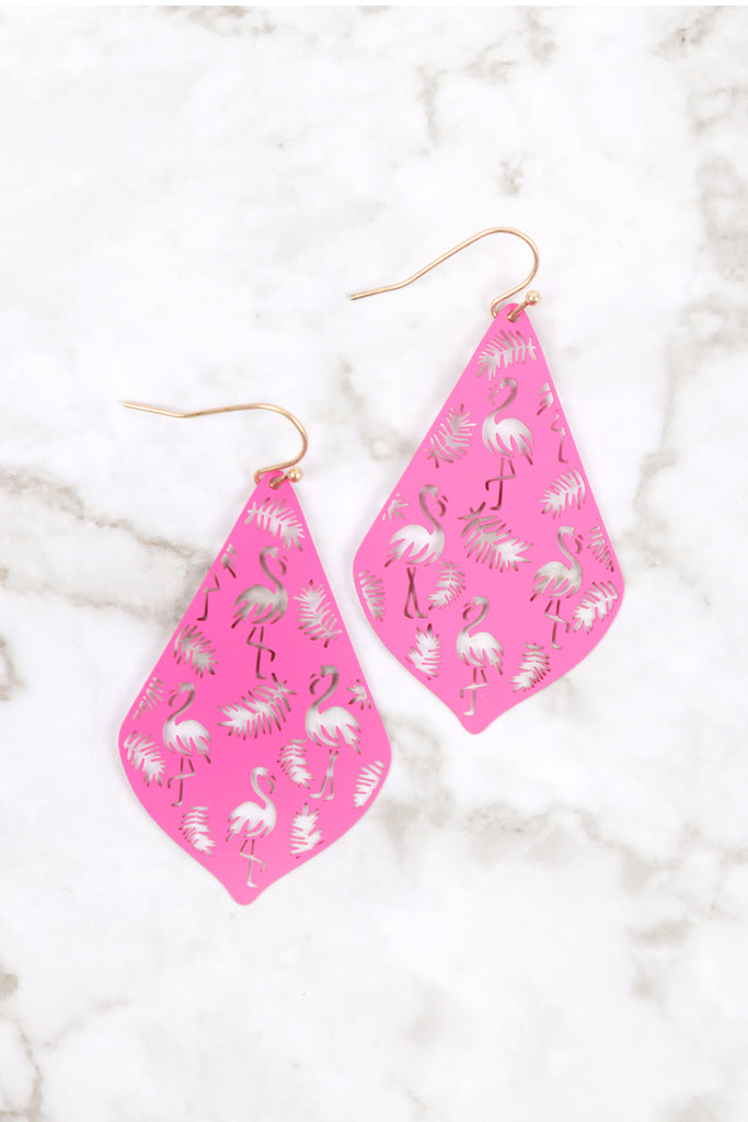 PE3148 - METAL FILIGREE FLAMINGO DROP EARRINGS