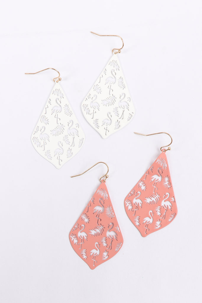PE3148 - METAL FILIGREE FLAMINGO DROP EARRINGS