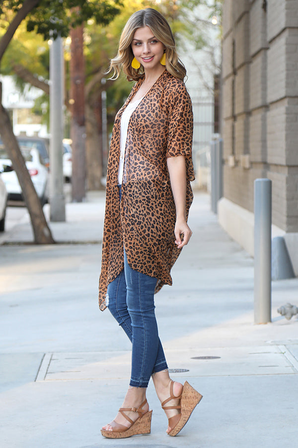 PN222X033ALP - HALF SLEEVE KNEE LENGTH LEOPARD KIMONO