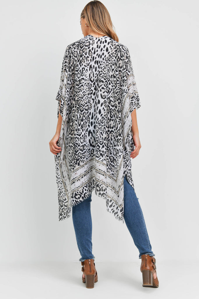 PN222X112 - GRAY BORDERED LEOPARD PRINT OPEN FRONT KIMONO