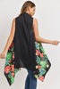 PN328X021G - BLACK OPEN FRONT FLORAL PRINT KIMONO VEST