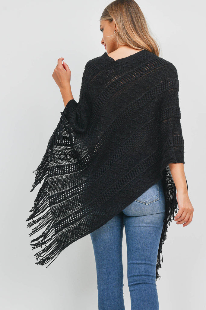 PN397X002G - BLACK KNITTED PATTERN FRINGE PONCHO