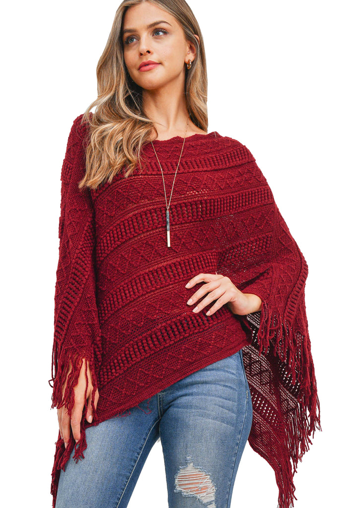 PN397X002J3 - BURGUNDY KNITTED PATTERN FRINGE PONCHO – Riah Fashion