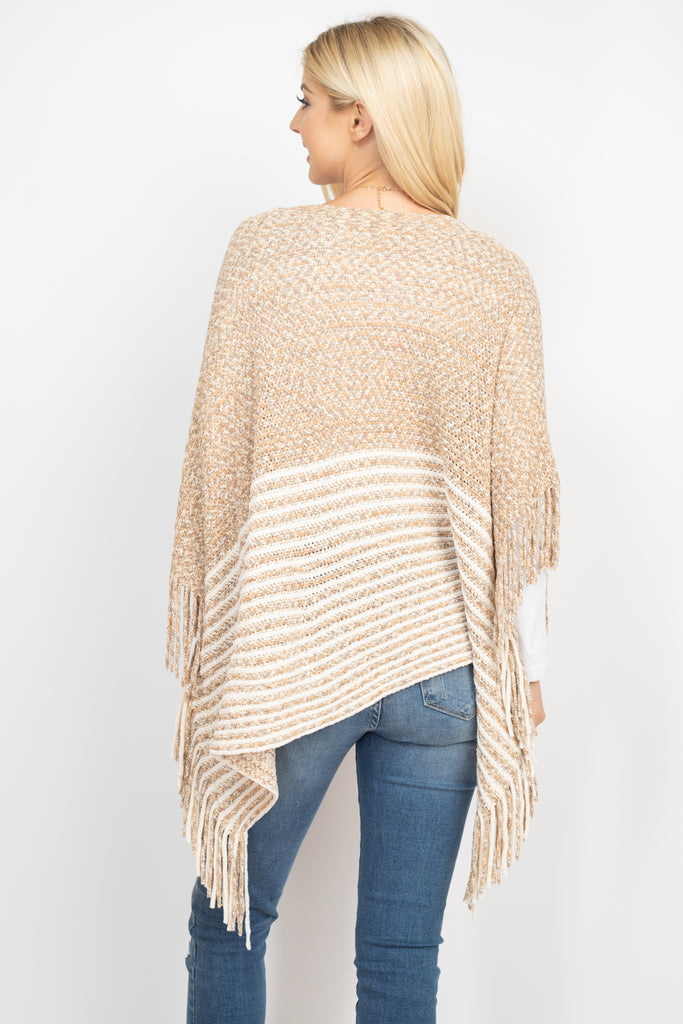 KNITTED TWO TONE STRIPED FRINGE PONCHO