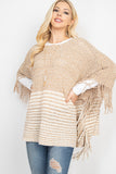 KNITTED TWO TONE STRIPED FRINGE PONCHO