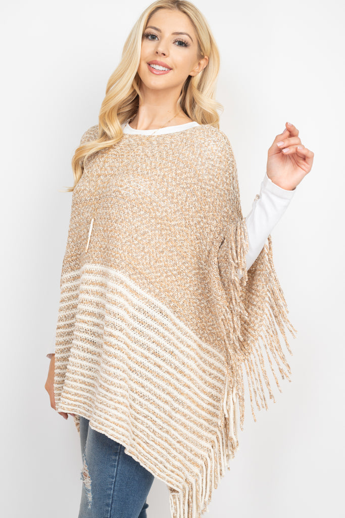 KNITTED TWO TONE STRIPED FRINGE PONCHO