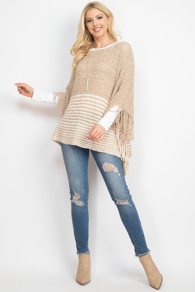KNITTED TWO TONE STRIPED FRINGE PONCHO