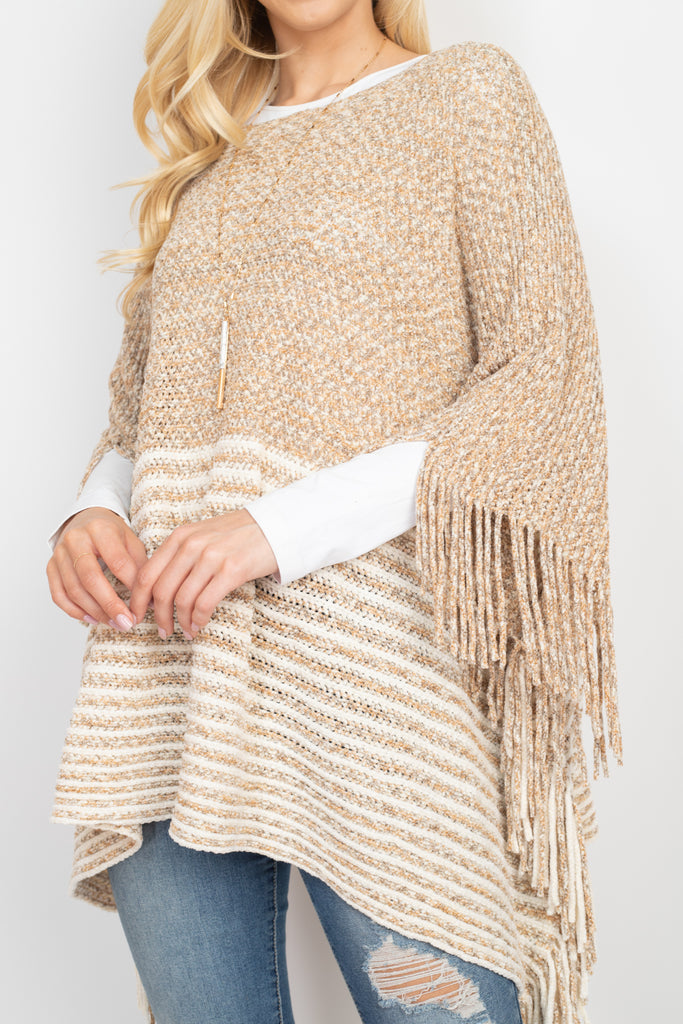 KNITTED TWO TONE STRIPED FRINGE PONCHO