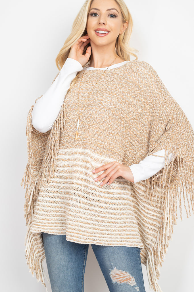 KNITTED TWO TONE STRIPED FRINGE PONCHO