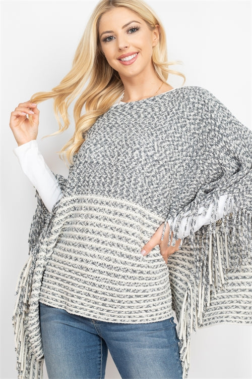 KNITTED TWO TONE STRIPED FRINGE PONCHO